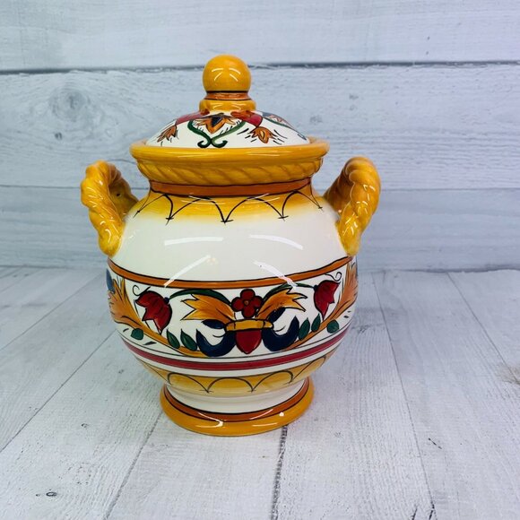 Chris Madden JCPenny VILLA ANCONA Floral Band Rope Handle 9" Medium Canister Jar - Picture 2 of 9